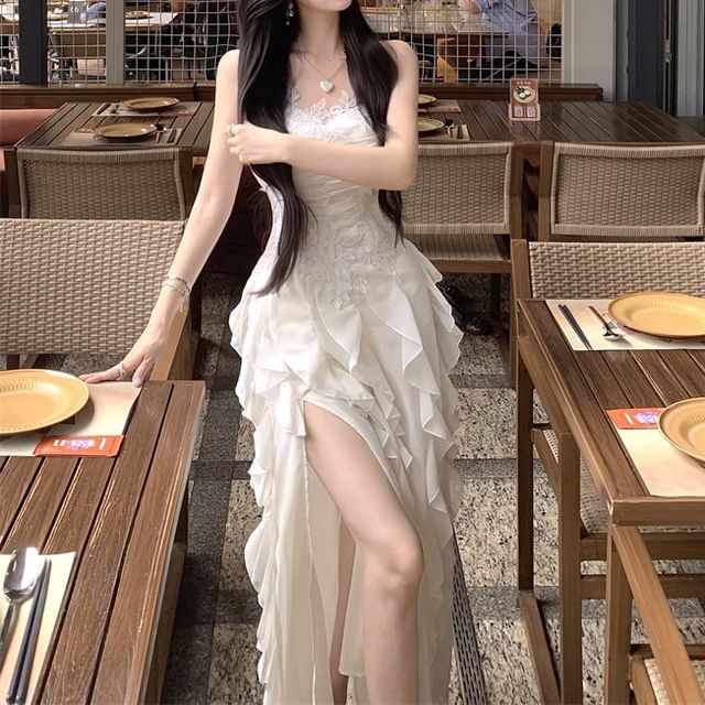 Panel Lace Plain Ruched Dress Strap Ruffle Spaghetti A-Line Maxi Slit