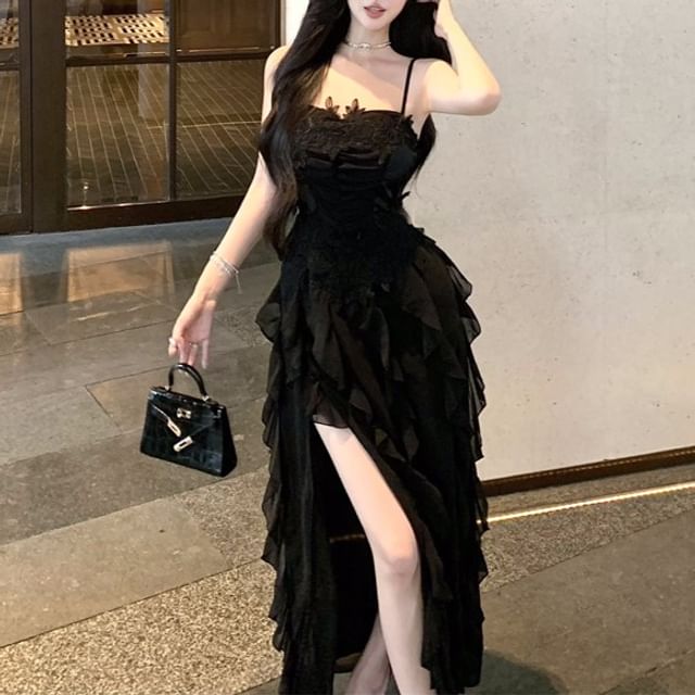 Panel Lace Plain Ruched Dress Strap Ruffle Spaghetti A-Line Maxi Slit