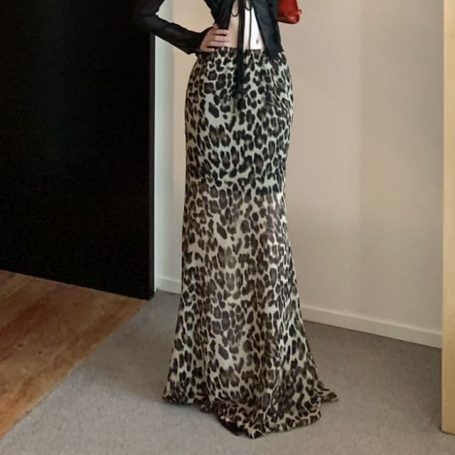 Sheer Leopard Print Mermaid Long-Sleeve Plain Maxi Top Front-Slit High Waist / Skirt
