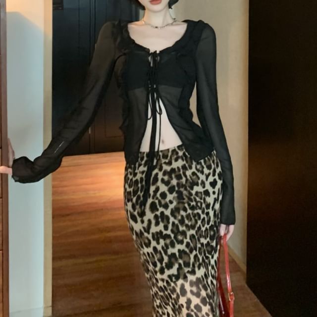 Sheer Leopard Print Mermaid Long-Sleeve Plain Maxi Top Front-Slit High Waist / Skirt