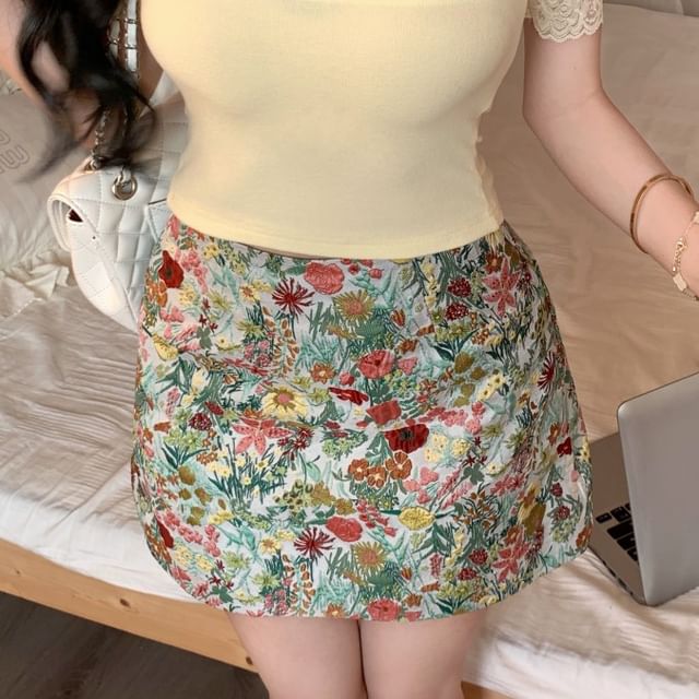Tee High Plain Mini Floral Off-Shoulder Short-Sleeve / Lace Pencil Trim Skirt Rise