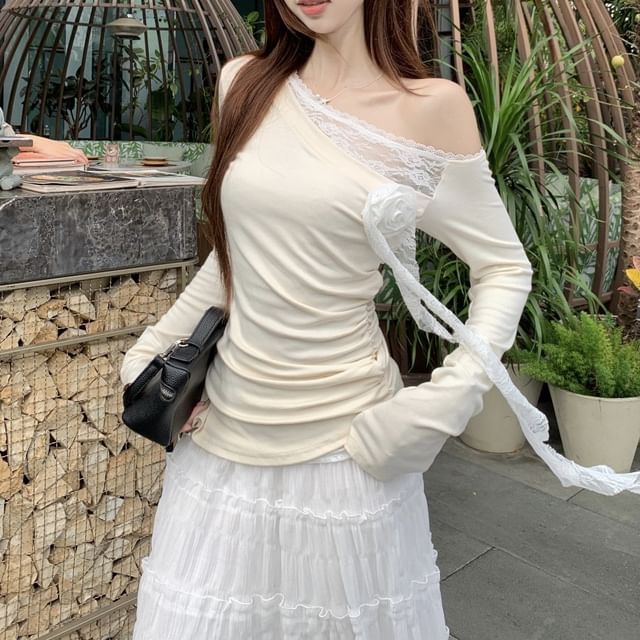 Asymmetrical Trim Skirt A-Line Rise Ruched Plain Maxi High One-Shoulder Tee Long-Sleeve Lace /