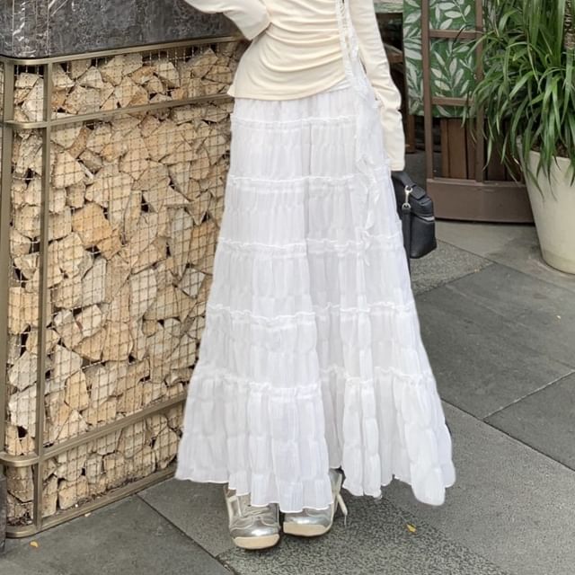 Asymmetrical Trim Skirt A-Line Rise Ruched Plain Maxi High One-Shoulder Tee Long-Sleeve Lace /