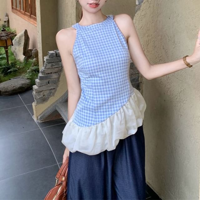 High Top Wide Plaid Cami Jeans Waist Asymmetrical Washed Panel Leg /