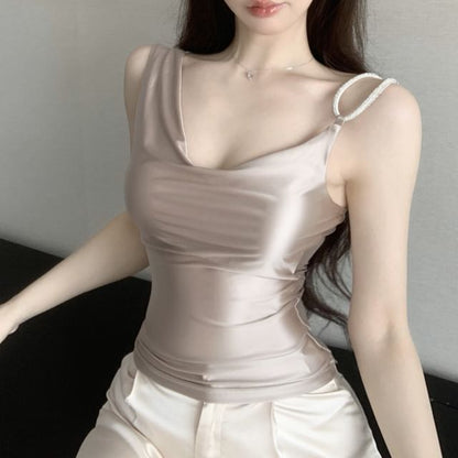 Plain Top Asymmetrical Camisole Cowl Neck