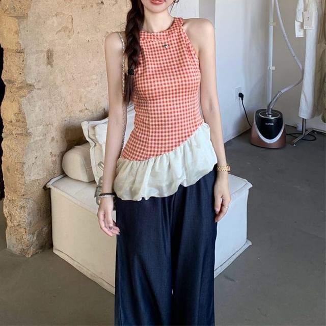 High Top Wide Plaid Cami Jeans Waist Asymmetrical Washed Panel Leg /