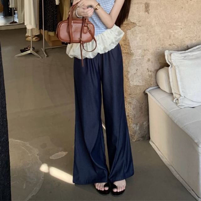 High Top Wide Plaid Cami Jeans Waist Asymmetrical Washed Panel Leg /