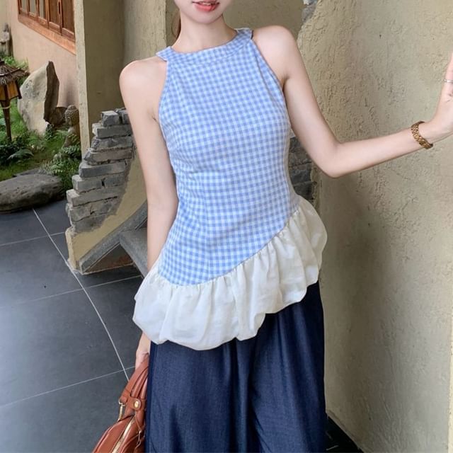 High Top Wide Plaid Cami Jeans Waist Asymmetrical Washed Panel Leg /