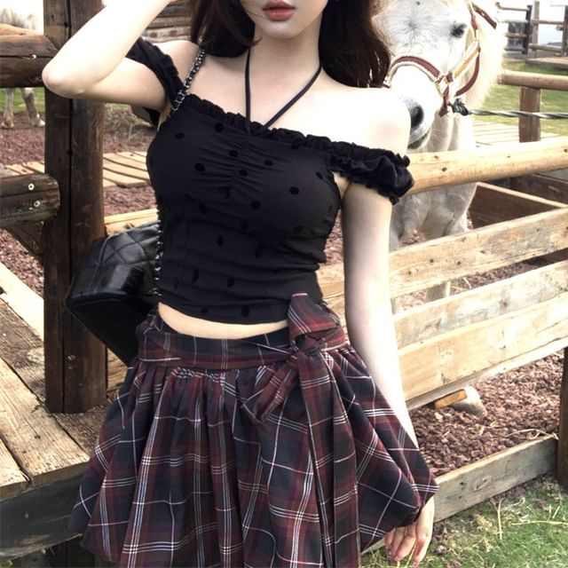 Mini High A-Line Skirt Rise Plaid Top / Frill Dotted Balloon Cami