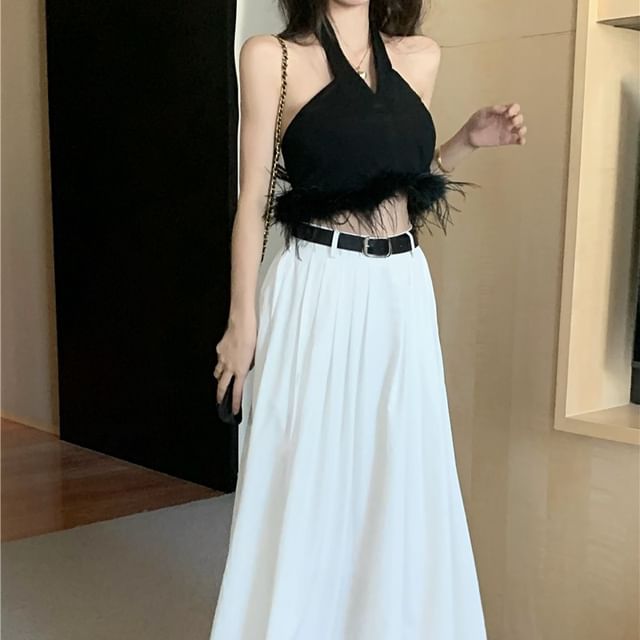 Crop Top Halter Trim / Waist Skirt Plain Feather High Pleated A-Line Maxi