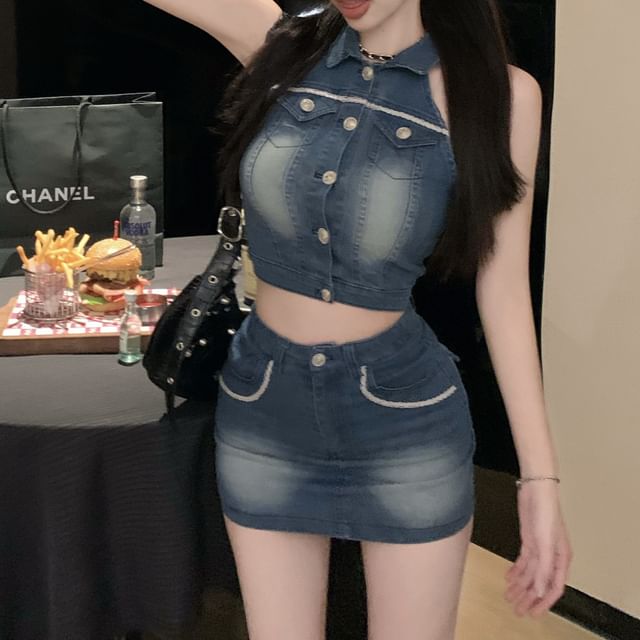Crop Pencil Washed Mini High Denim / Waist Button Vest Skirt Collared
