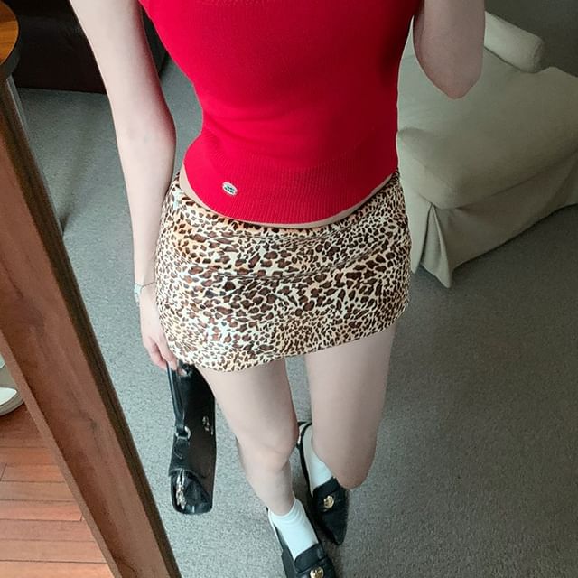 Rise Plain Cap Neck Square Print Mini Tee Sleeve Pencil Skirt Low Top Knit / Dog Leopard Round Tank
