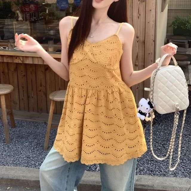 Mini Dress Strap Eyelet Spaghetti Embroidered A-Line Plain