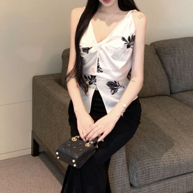 High Floral Rise Top V-Neck Maxi Slit Plain / Pencil Skirt Print Cami