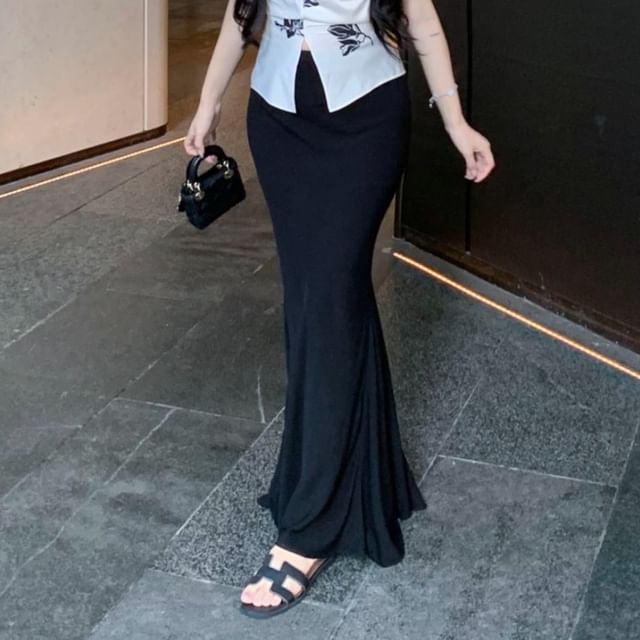 High Floral Rise Top V-Neck Maxi Slit Plain / Pencil Skirt Print Cami