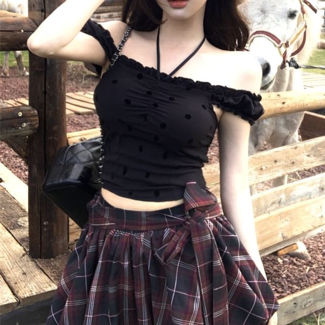 Mini High A-Line Skirt Rise Plaid Top / Frill Dotted Balloon Cami