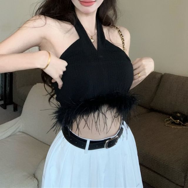 Crop Top Halter Trim / Waist Skirt Plain Feather High Pleated A-Line Maxi