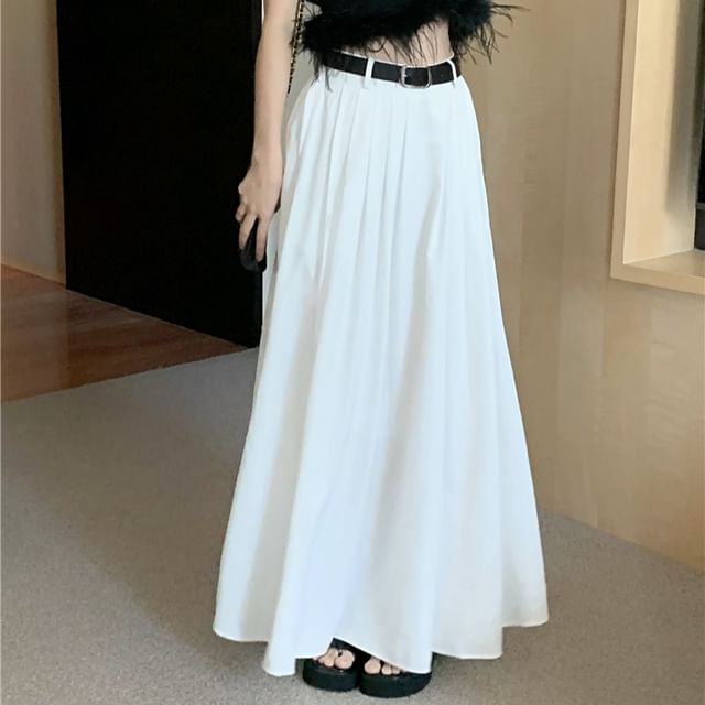 Crop Top Halter Trim / Waist Skirt Plain Feather High Pleated A-Line Maxi