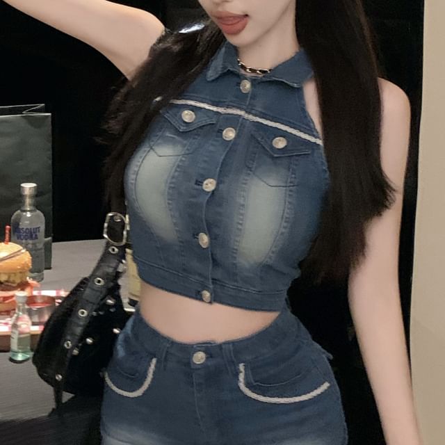 Crop Pencil Washed Mini High Denim / Waist Button Vest Skirt Collared