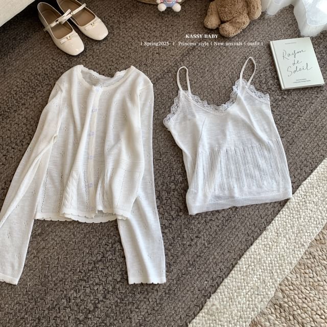 Neck Lace + V-Neck Round Camisole Top Knit Set: Trim Cardigan Plain