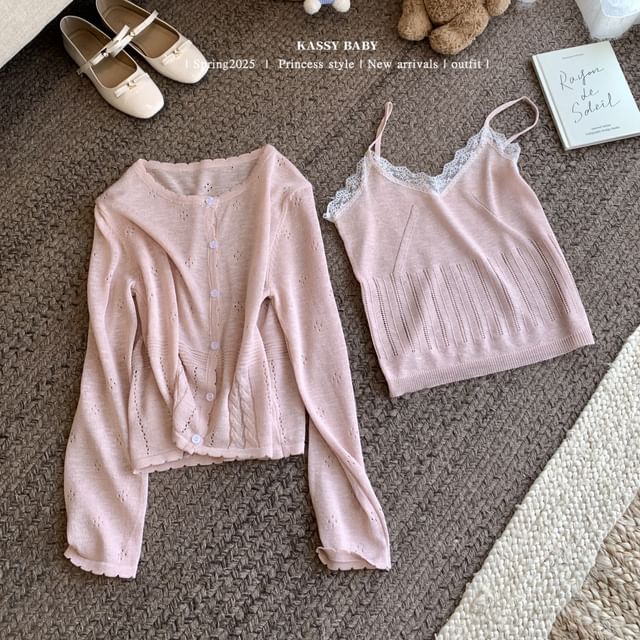 Neck Lace + V-Neck Round Camisole Top Knit Set: Trim Cardigan Plain