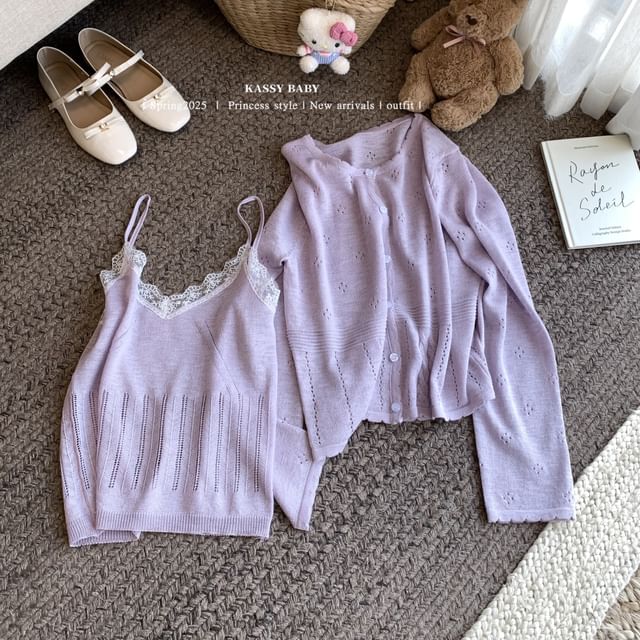 Neck Lace + V-Neck Round Camisole Top Knit Set: Trim Cardigan Plain
