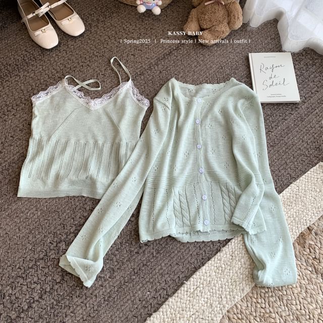 Neck Lace + V-Neck Round Camisole Top Knit Set: Trim Cardigan Plain