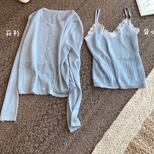 Neck Lace + V-Neck Round Camisole Top Knit Set: Trim Cardigan Plain