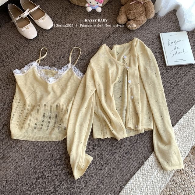 Neck Lace + V-Neck Round Camisole Top Knit Set: Trim Cardigan Plain
