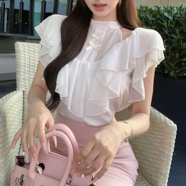 Neck Panel Blouse Ruffle High Rise Maxi Mock Fishtail / Skirt Sleeve Cap Bow Plain