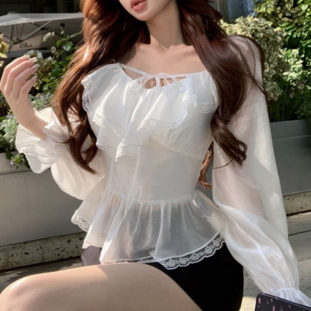 Tie Skirt Mini Long Front Lace Sleeve V-Neck Blouse Pencil Plain Ruffle Trim /