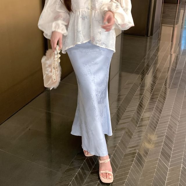 High Jacquard Waist Fishtail Floral Camisole Long / Blouse Plain Stand Set Sleeve Skirt Print Maxi Peplum Collar