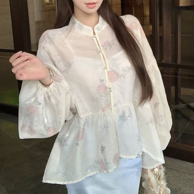 High Jacquard Waist Fishtail Floral Camisole Long / Blouse Plain Stand Set Sleeve Skirt Print Maxi Peplum Collar