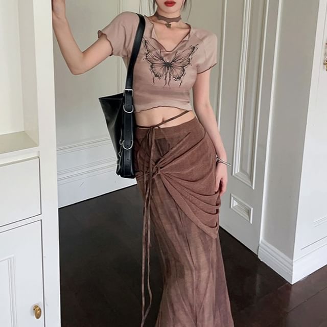 / Waist Sleeve Pencil Mid Print V-Neck Maxi Crop Short Skirt Butterfly Tie-Up Tee