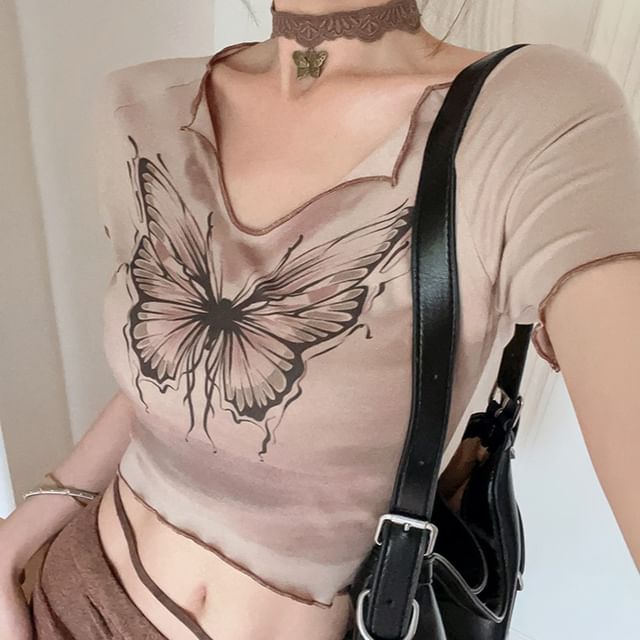 / Waist Sleeve Pencil Mid Print V-Neck Maxi Crop Short Skirt Butterfly Tie-Up Tee