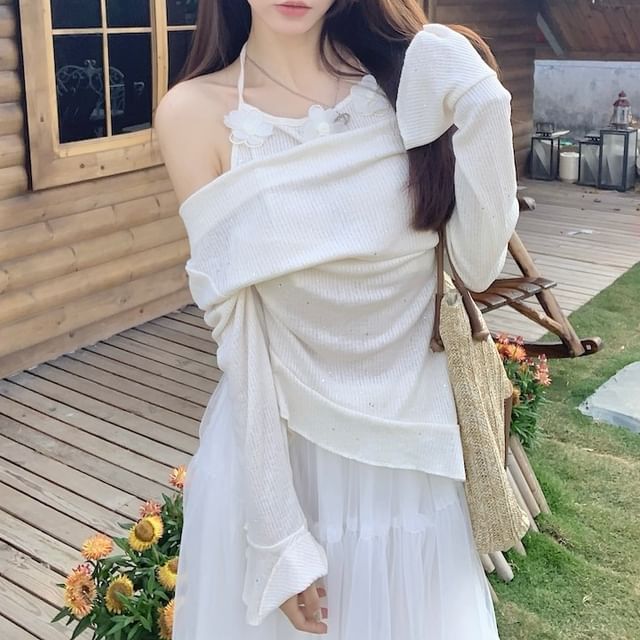 A-Line Skirt Mock Plain Top Maxi High Long-Sleeve / Rise Two-Piece