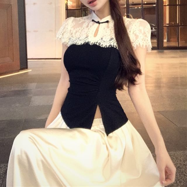 Maxi A-Line Short-Sleeve Skirt Waist Two Tone High Asymmetrical / Top