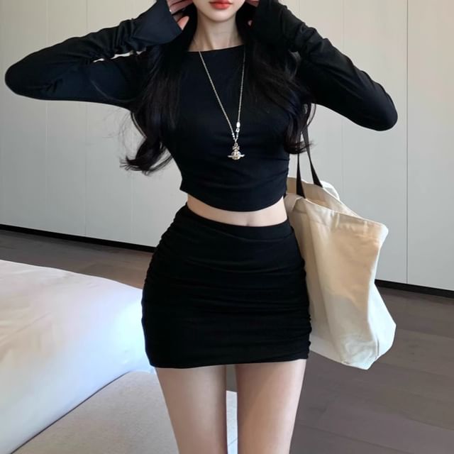 Mini + Skirt Long-Sleeve Crop Plain T-Shirt Set: