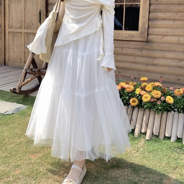 A-Line Skirt Mock Plain Top Maxi High Long-Sleeve / Rise Two-Piece