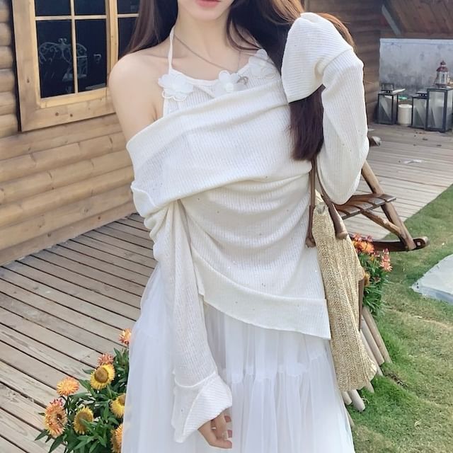 A-Line Skirt Mock Plain Top Maxi High Long-Sleeve / Rise Two-Piece