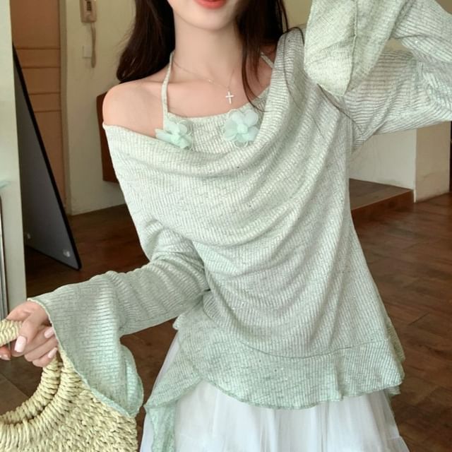 A-Line Skirt Mock Plain Top Maxi High Long-Sleeve / Rise Two-Piece