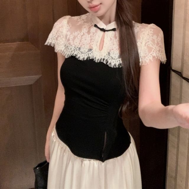 Maxi A-Line Short-Sleeve Skirt Waist Two Tone High Asymmetrical / Top