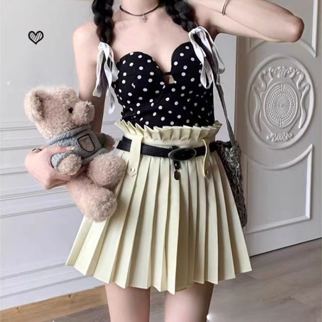 High Rise Skirt A-Line Pleated Plain Belted Mini