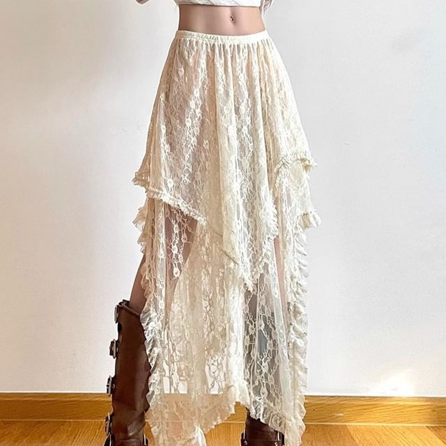 Midi High A-Line Skirt Lace Plain Rise