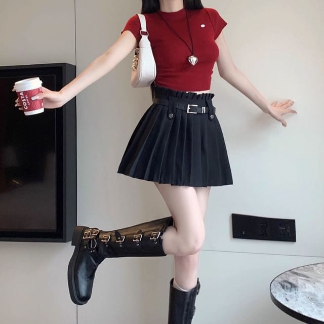 High Rise Skirt A-Line Pleated Plain Belted Mini