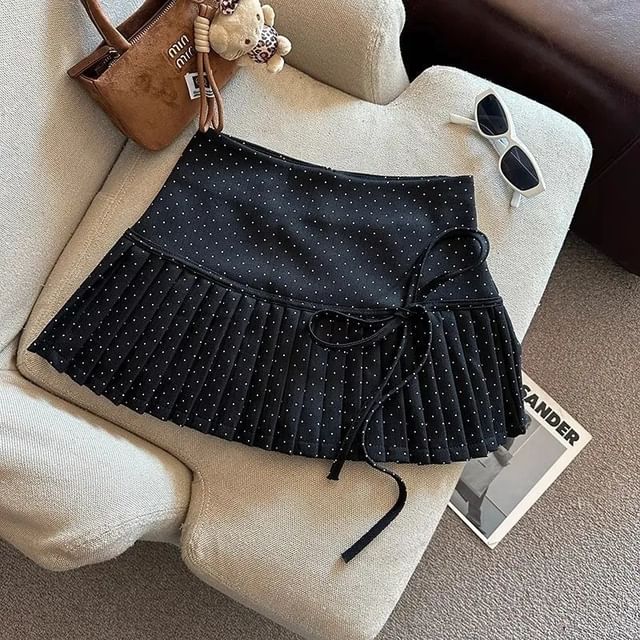 Dotted A-Line High Mini Skirt Rise Pleated