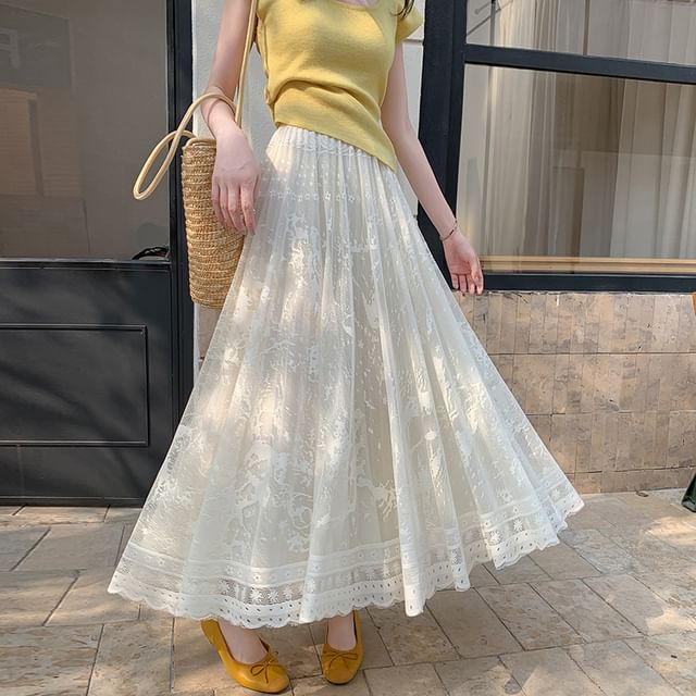 High Skirt Waist Lace A-Line Midi