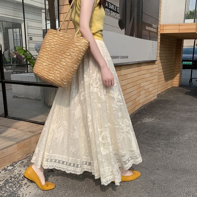 High Skirt Waist Lace A-Line Midi