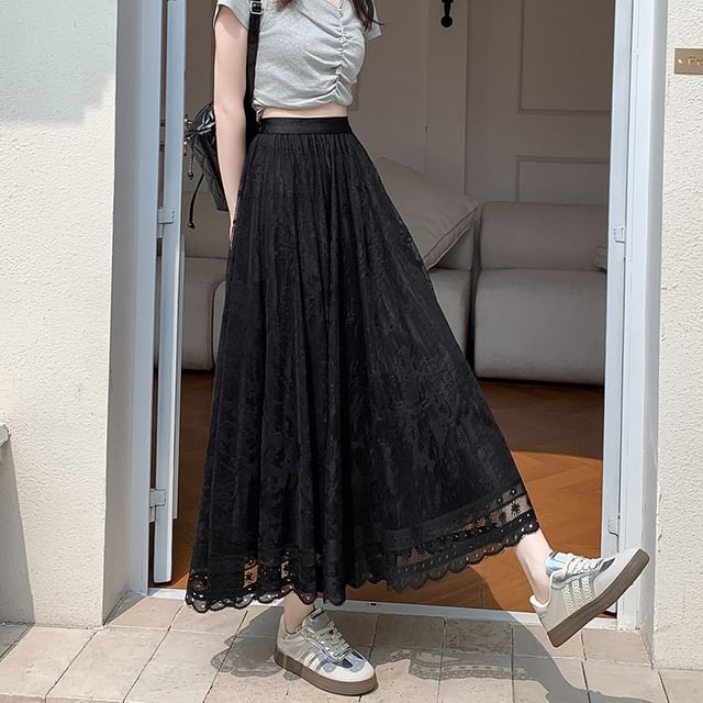 High Skirt Waist Lace A-Line Midi