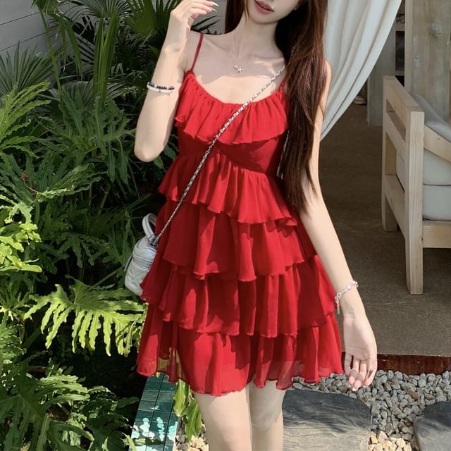 Spaghetti Plain Sundress Ruffle Mini Strap